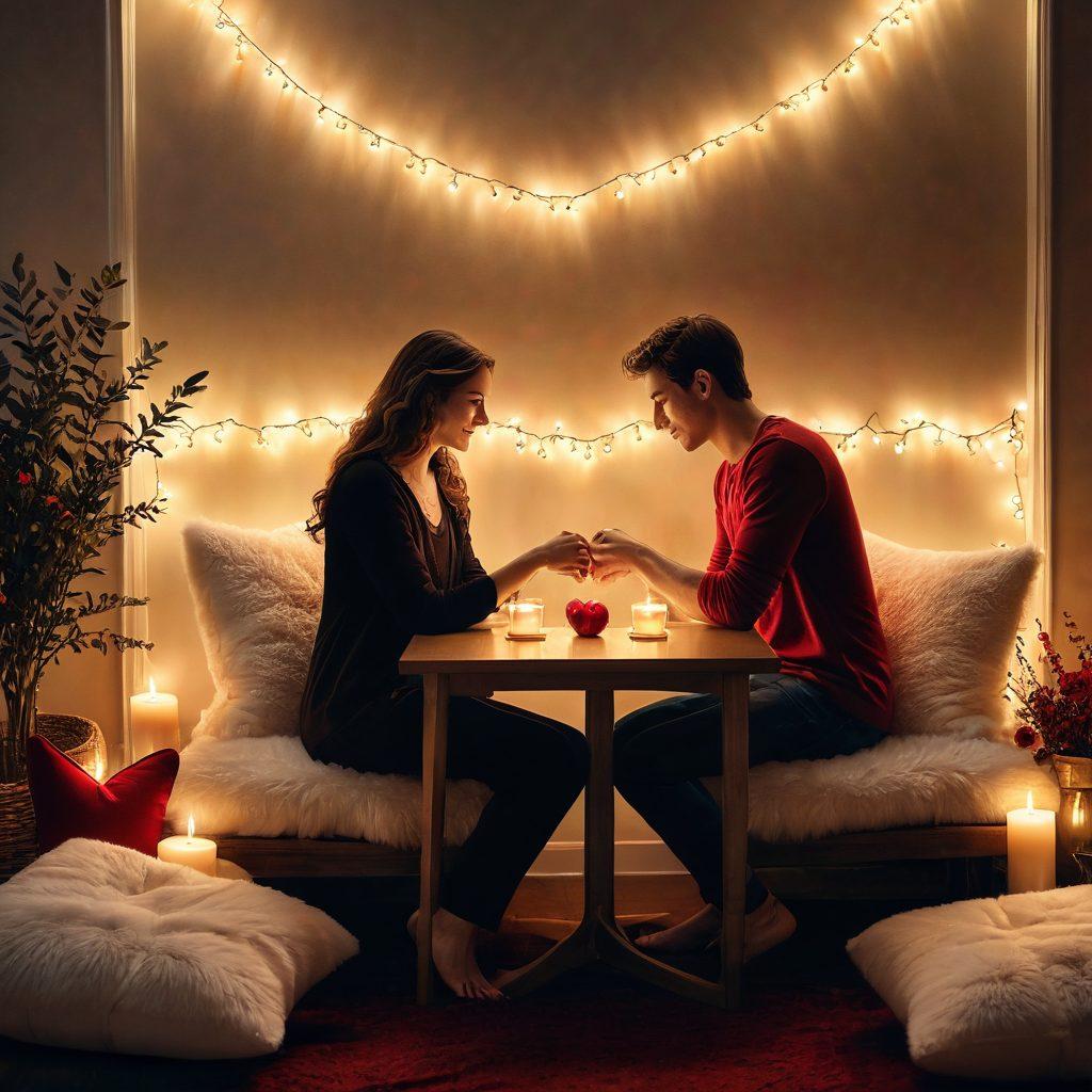 A cozy, candle-lit scene of a couple holding hands at a small table, surrounded by soft pillows and fairy lights, with warm colors creating a sense of intimacy and connection. Include heart motifs in the background, symbolizing love and devotion. The ambiance should evoke a feeling of warmth and affection. super-realistic. warm colors. soft focus.
