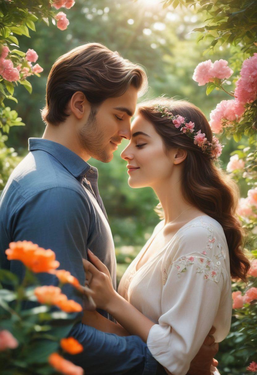 A warm scene depicting two people sharing a tender moment in a sunlit park, surrounded by blooming flowers and lush greenery. Their expressions radiate love and caring, with gentle touches symbolizing strength in their bond. Soft, ethereal light enhances the atmosphere of warmth and intimacy. Include subtle heart motifs in the background. super-realistic. vibrant colors.