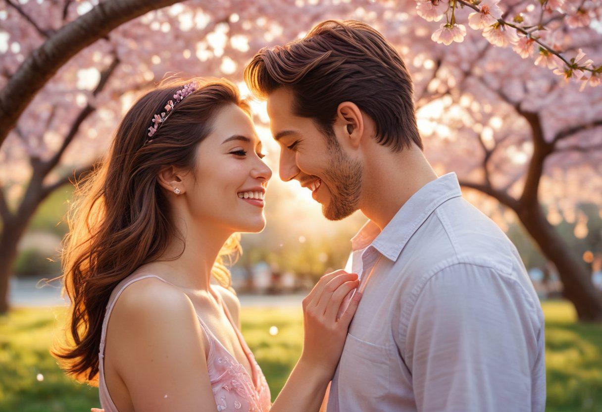 A serene, intimate scene of a couple sharing a moment of laughter under a blooming cherry blossom tree, surrounded by soft pastel colors reflecting warmth and tenderness. Capture their expressions of joy and connection, with the petals gently falling around them to symbolize love and affection. The background features a dreamy sunset that enhances the romantic atmosphere. vibrant colors. super-realistic.